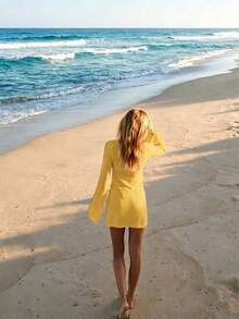 Women's New Hollow Out Sexy Beach Vacation Casual Daily Dress, Flare Sleeve Short Knit Sweater Dress, Suitable For Spring, Summer And Autumn - Yellow - View 4