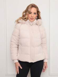 DUOUNO MODAS - WOMEN'S PUFFER JACKET, ULTRASUEDE SOFT, LINED, WITH REMOVABLE HOOD - TECHNOLOGICAL ULTRASUEDE SOFT PUFFER JACKET FOR WINTER - 香檳色 - 查看 6