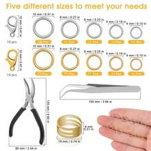 4/5/6/8/10毫米金/白K型单环DIY套装，含钳子、镊子和龙虾扣，适用于珠宝制作、项链维修、连接短链和耳环、制作手链、修复项链、制作链条及其他珠宝DIY项目 - 彩色 - 查看 2