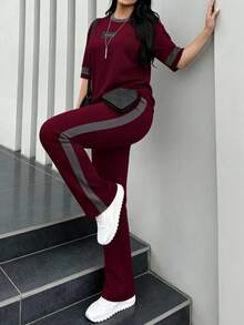 2pcs Women's Spring/Autumn Round Neck Short Sleeve T-Shirt And Elastic Waist Loose Pants Set, Casual Daily Wear Summer - Burgundy 199 - View 6