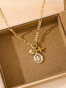 Women's Vintage Religious Style Multi-Pendant Necklace, Combining Cross, Sacred Heart And Zirconia-Inlaid Virgin Mary Pattern. Exquisite Soft Layered Design, Elegant To Wear. Symbolizing Faith, Protection, Love And Peace. Suitable For Daily Commute, Church And Dating, Versatile For Vintage Outfits. Ideal Gift For Mother's Day, Birthday And Religious Occasions, Filled With Blessings And Ritual. - Yellow Gold - View 5
