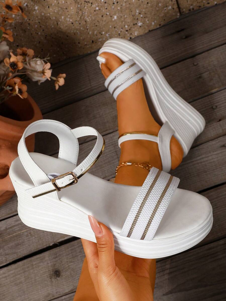 Women's Refreshing White + Gold Trim Decorated One-Strap Fashionable Wedge Heel Comfortable Outdoor Summer Sandals - White - View 1