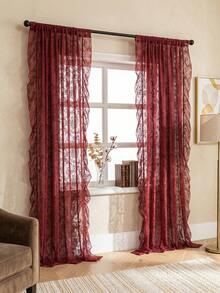 1pc French Countryside Style Floral Lace Trim Curtain Sheer, Holiday Decor - Red - View 3