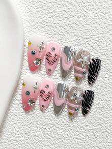 10Pcs Y2K Style Handmade Nail Art Set,Unghie Press On,Star Cut Rhinestones,Stars, Starbursts Nail Art Accessories,Pink And Black Nail Polish,Includes Nail Tools,3 Sizes Available,Almond Nails , Duck Nails,Coffin Nails For Party, Dance, Daily Wear. - 彩色 - 查看 13