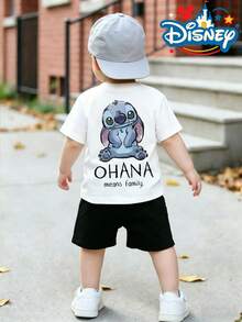 Official Authorization Disney Lilo & Stitch Ohana Means Family Print Kids T-Shirt, Boys Cute Retro Stitch Graphic Short Sleeve Tee, Summer Casual Tops For Daily Wear Theme Park, Children's Holiday Gift - trắng - Xem 1