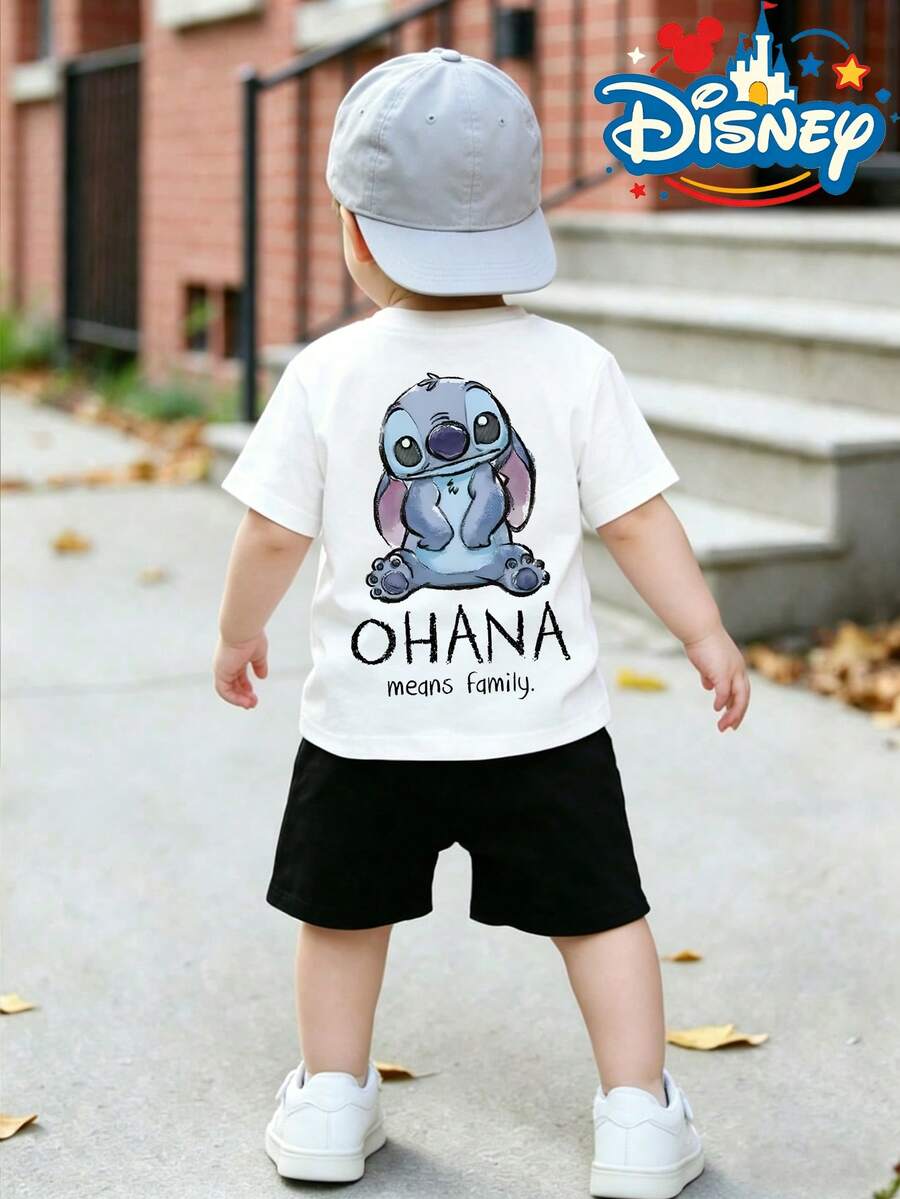 Official Authorization Disney Lilo & Stitch Ohana Means Family Print Kids T-Shirt, Boys Cute Retro Stitch Graphic Short Sleeve Tee, Summer Casual Tops For Daily Wear Theme Park, Children's Holiday Gift - trắng - Xem 1