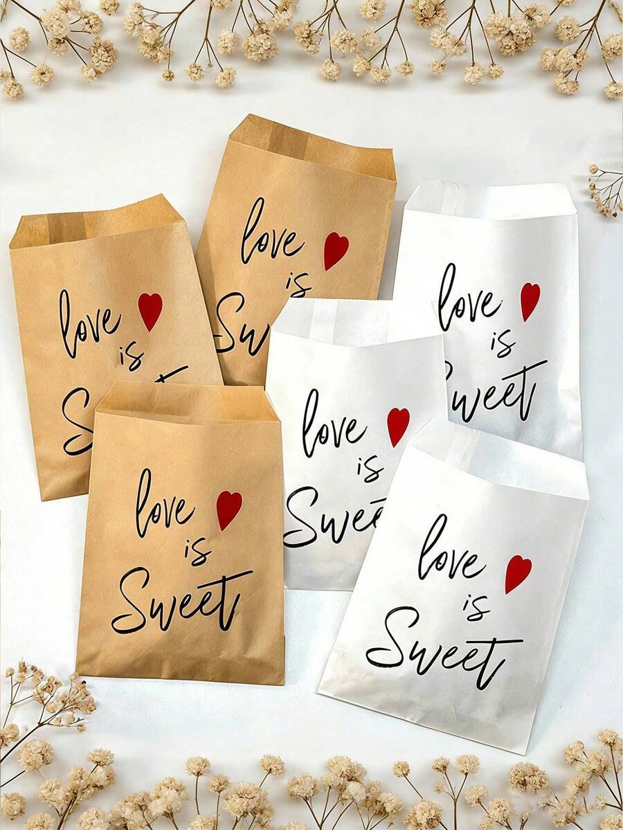 5/10/20pcs Love Is Sweet Gift Bags, 13x18cm White/Kraft Paper Bags, Suitable For Wedding Decor, Wedding Candy Bags, Party Gift Bags - Multicolor - View 1