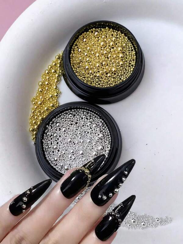 2 Boxes Assorted Sizes 3D Round Nail Art Decorations, Steel Beads DIY Nail Supplies, Nail Jewelry, Nail Gems, Nail Salon Accessories