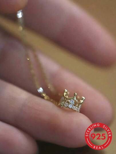 1pc 925 Sterling Silver Luxury Vintage Crown Zirconia Gold-Plated Pendant Necklace, Suitable For Women/Girlfriend, Fashion Jewelry Gift For Party, Birthday, Daily Wear