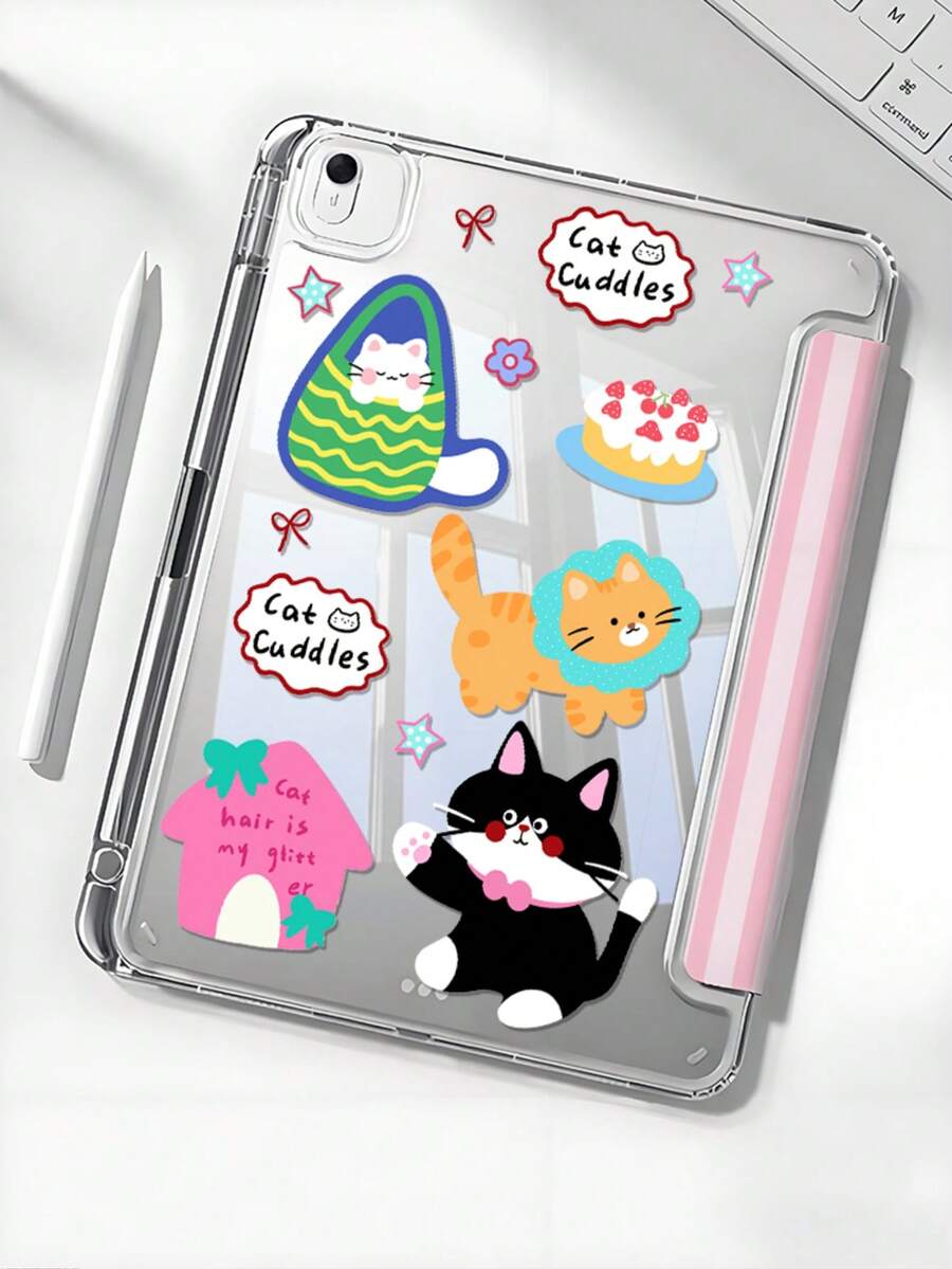 1pc Cartoon Cat Cake Pattern Transparent Acrylic Tablet Protective Case, Suitable For 2025 11th Gen (A16), 2026 Air 11/13 (M4) Models, Auto Wake/Sleep, Multi-Angle Stand, Pencil Slot, Striped Style, Feminine, Essential For Office & Study, Non-Magnetic Protective Cover