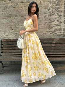 女士优雅白色和黄色花卉印花扭腰A字连衣裙，休闲夏季度假连衣裙 - 黃色 - 查看 4