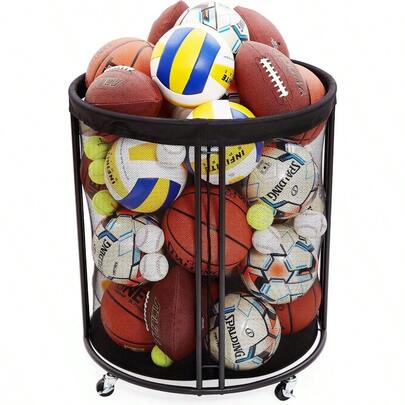 Upgraded Rolling Ball Storage Bin, Portable Sports Ball Organizer Rack For Basketball, Soccer, Garage & Outdoor