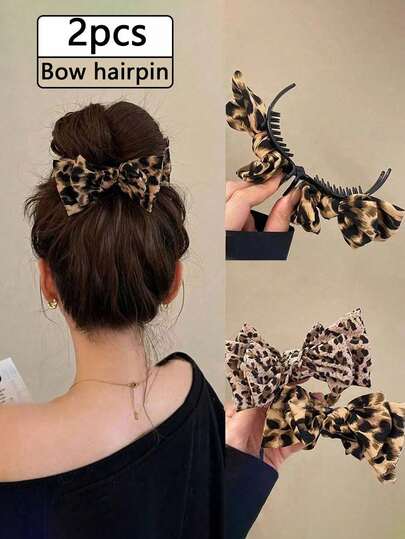 Bộ 2 kẹp tóc nơ in họa tiết da báo thời trang, kẹp tóc nơ da báo cỡ lớn, kẹp tóc nơ bằng polyester và spandex thanh lịch, kẹp tóc nơ hai lớp cỡ lớn kiểu retro cho kiểu tóc đuôi ngựa trang nhã, kẹp tóc vải kiểu retro phù hợp cho tóc đuôi ngựa và búi tóc, kẹp tóc nơ phong cách Y2K dành cho nữ, phụ kiện tóc quà tặng hoàn hảo cho học sinh.