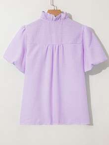 蓝白条纹泡泡袖荷叶领休闲衬衫，夏季 - 紫色 - 查看 5