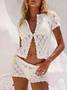 Conjunto de 2 piezas de mujer con cárdigan de punto de manga corta con diseño calado de unicolor y shorts de unicolor, conjunto de playa de verano, ropa casual de vacaciones en color blanco - Blanco - Ver 2