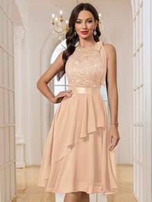 MIUSOL Sequin Floral Lace Patchwork Halter Neck Cocktail Dress, Suitable For Birthday, Wedding Guest, Evening Party Summer Elegant - Champagne - View 6