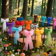 16 Pcs Romantic Wedding Chair Sashes Long Tulle Chair Bows Decoration Wedding Aisle Ceremony Decoration Banquet Church Party Restaurant Outdoor Decoration - Champagne - View 8