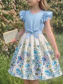 Tween Girl Flounced Hem Floral & Butterfly Print Cinched Waist Waist Dress - Blue - View 1