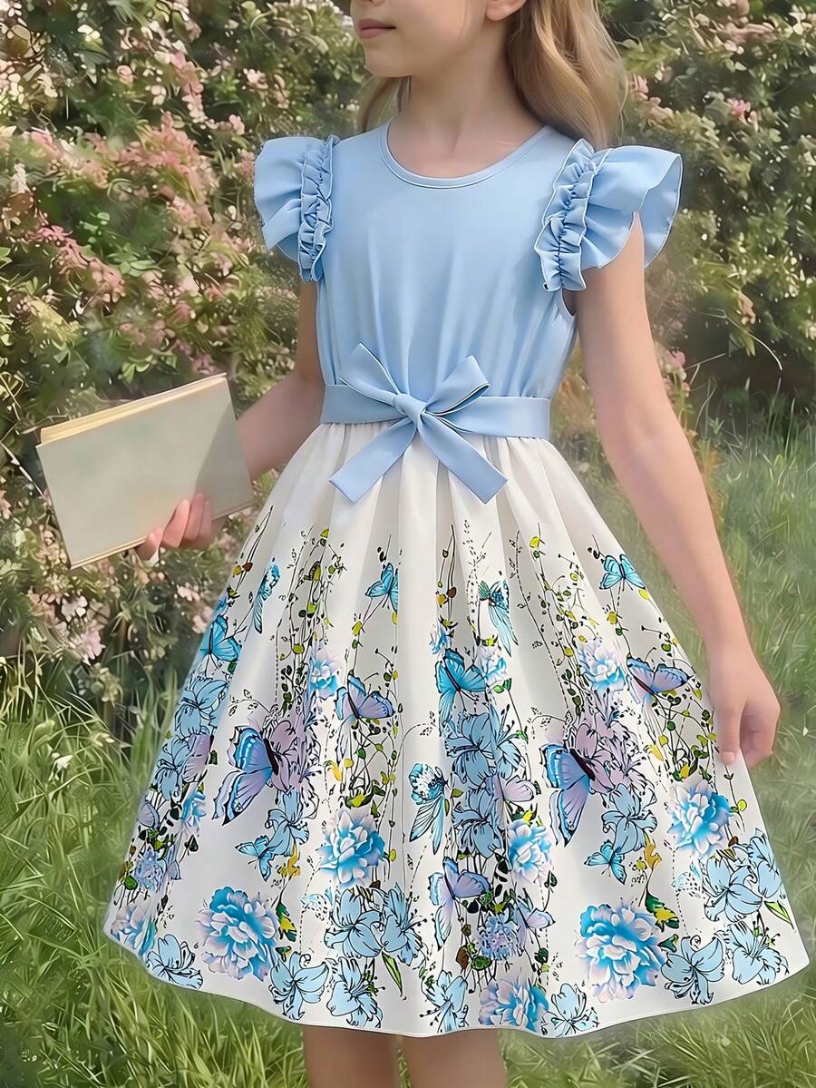 Tween Girl Flounced Hem Floral & Butterfly Print Cinched Waist Waist Dress - Blue - View 1