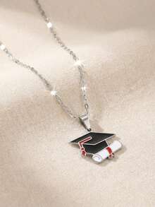1pc Gold Sandblasted 2026 Graduation Cap Necklace, Stainless Steel Jewelry, Suitable For Children, Teenagers, Students, Graduation And Back To School Gift - Silver - View 5
