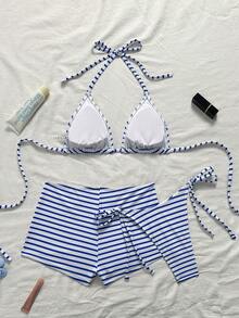 Bộ đồ bơi tankini 3 mảnh dành cho nữ, cổ yếm, kẻ sọc, kèm váy, vải kẻ sọc trắng xanh, đáy quần buộc dây bên hông, kiểu dáng bãi biển gợi cảm kiểu Mỹ, thích hợp cho mùa hè đi biển, bơi lội, kỳ nghỉ suối nước nóng. - Nhiều màu - Xem 7