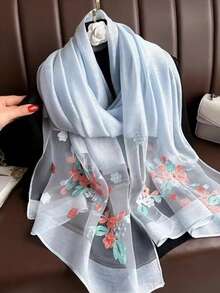 1pc 70*180cm Faux Silk Embroidered Scarf, Fashion Casual Versatile Shawl,Travel Essential,Beach Towel - Multicolor - View 19