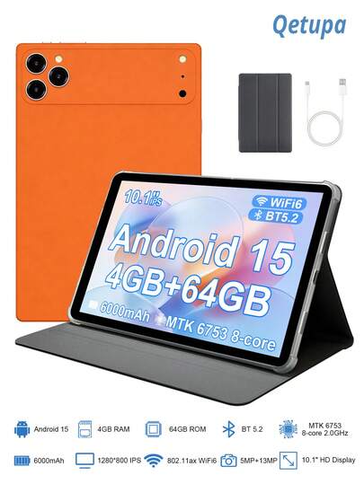 Qetupa 10.1英寸安卓15平板电脑，配备保护套，4GB RAM + 64GB ROM（可扩展至1TB），MTK6753八核2.0GHz处理器，高清(1280x800) IPS触控屏，500万像素前置摄像头和800万像素后置摄像头，6000mAh电池，蓝牙5.2，GPS，支持802.11ax Wi-Fi 6，Type-C充电接口，不支持SIM卡