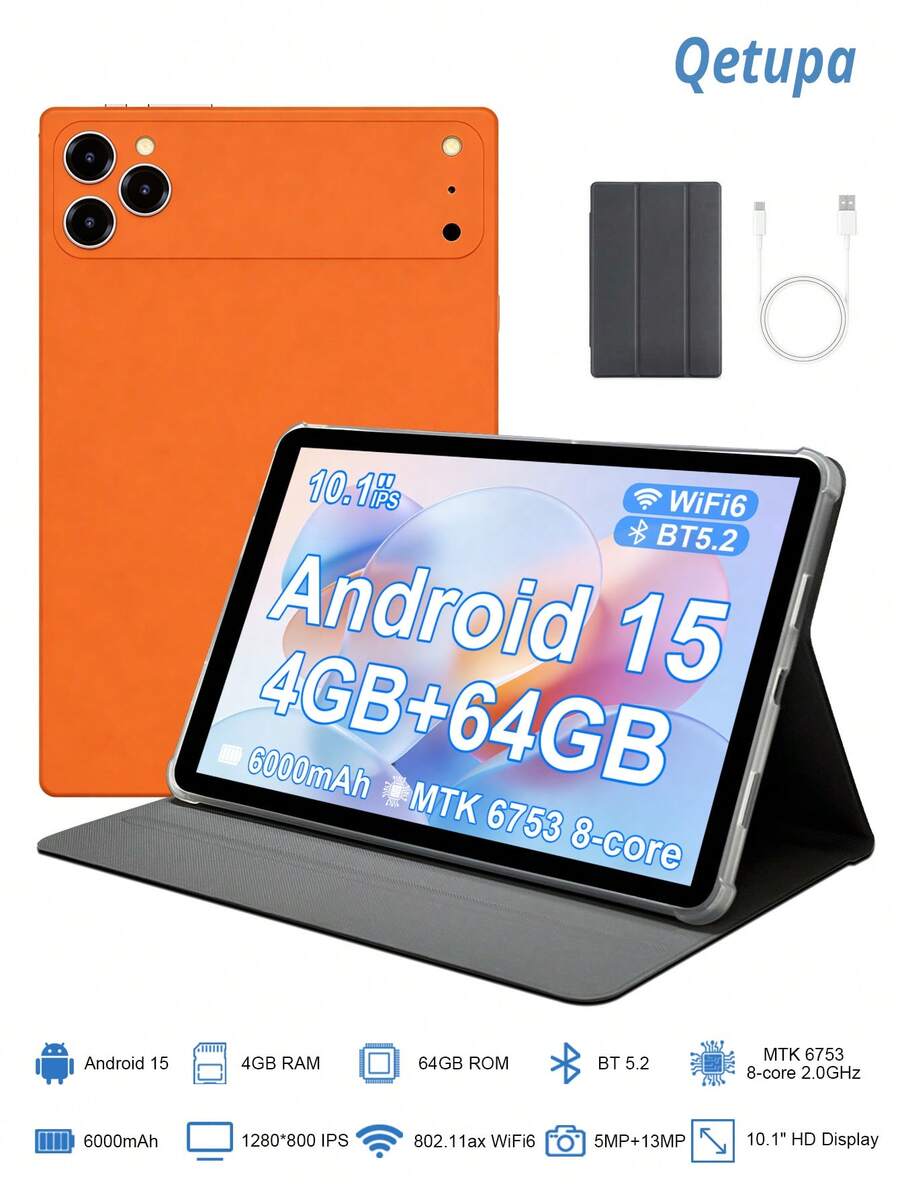 Qetupa 10.1 吋 Android 15 平板電腦附保護殼,4GB RAM + 64GB ROM(可擴充至 1TB),MTK6753 八核心 2.0GHz 處理器,HD (1280x800) IPS 觸控螢幕,5MP 前置鏡頭與 8MP 後置鏡頭,6000mAh 電池,藍牙 5.2,GPS,支援 802.11ax Wi-Fi 6,Type-C 充電埠,不支援 SIM 卡 - 橘色 - 查看 1