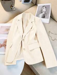 Plus Size Women Elegant Casual Heart Button Blazer Spring White - White - View 5