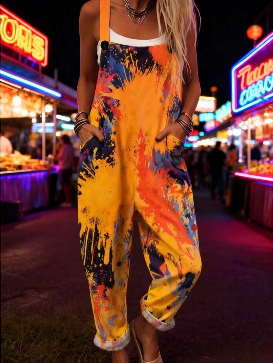 Colorful Splash Ink Print Women's Adjustable Strap Jumpsuit, Polyester, Lightweight And Breathable, Women's Clothing, Regular Women's Clothing, Women's Jumpsuits And Rompers, Women's Jumpsuit, Women's Plus Size Jumpsuit - Nhiều màu - Xem 1