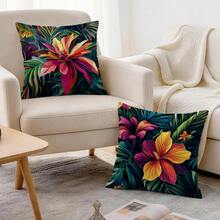 4 piezas Fundas de cojín con estampado de plantas tropicales y florales, fundas de cojín impresas por un solo lado para decoración de sala de estar, sofá y dormitorio, 40x40cm/45x45cm/50x50cm, no incluye relleno de cojín - Multicolor - Ver 7
