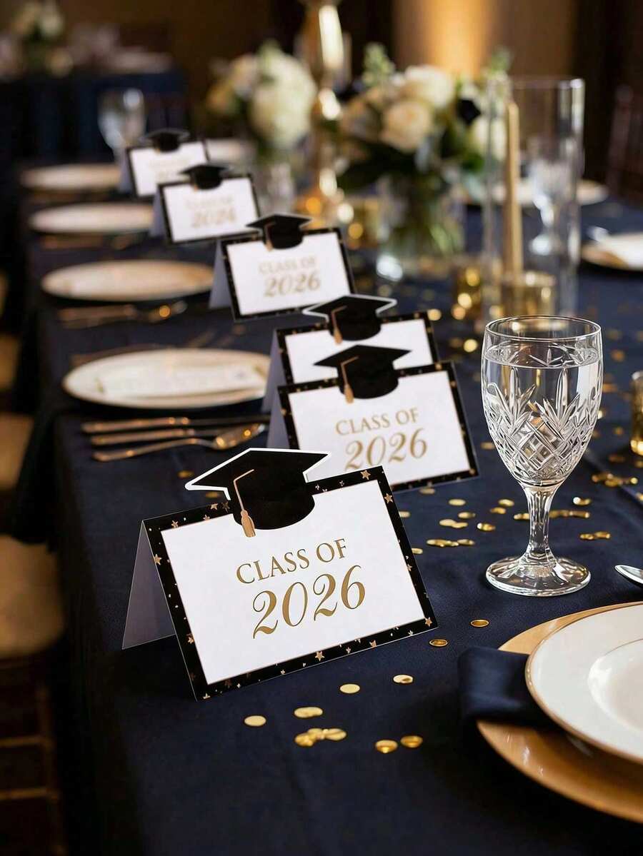 50pcs Graduation Party Table Card Set - Black & Gold Graduation Cap Design Pre-Folded Blank Tent Place Cards, Writable Desk Name Cards, Suitable For Graduation Party Reception, Graduation Table Decor - Multicolor - View 1
