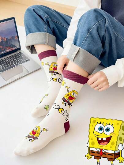 SpongeBob SquarePants 1双男女通用卡通船袜，百搭休闲运动袜，适合所有季节，情侣袜