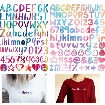 4 Tấm decal chuyển nhiệt với hai kiểu chữ, số và ký hiệu sống động, hoàn hảo để tạo thiết kế trên quần áo, túi xách và đồ thủ công.