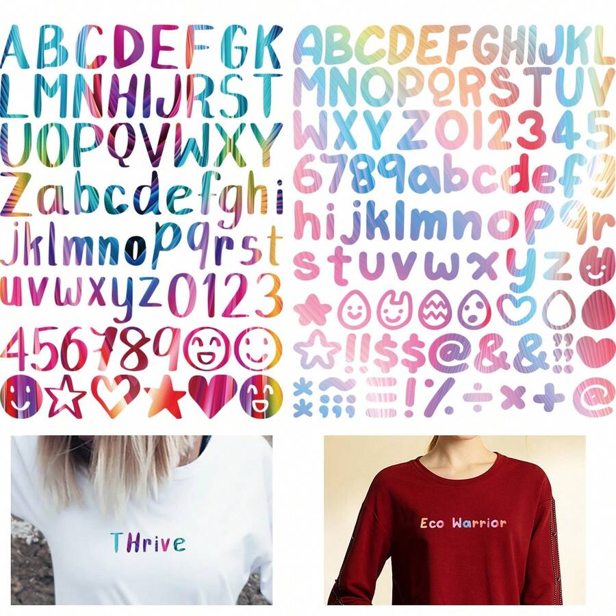 4张热转印乙烯基贴纸，包含两种风格的鲜艳字母、数字和符号，非常适合在衣服、包袋和工艺品上制作图案。 - 彩色1 - 查看 1