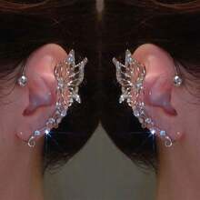 2Pcs Fashion Style Shiny Butterfly Ear Wrap, Elf Earrings Fairy Ear Climber Luxury No Piercing Clip On Earrings - 銀色 - 查看 8