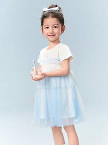 Balabala Vestido de tul degradado de verano para niñas 2026, con detalles de perlas y lazos, malla suave y transpirable, estilo elegante de princesa - tinte azul - Ver 2