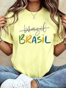 White Brasil Colorful Letter Print T-Shirt, Women Crew Neck Short Sleeve Casual Tee, Brazil National Flag Color Graphic Summer Vacation Loose Fit Top - 黃色 - 查看 8