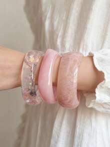 Brazalete redondo asimétrico de resina con diseño geométrico, brazalete de acrílico minimalista y versátil, adecuado para adolescentes (hecho a mano, patrones aleatorios) - Unitalla - Ver 2