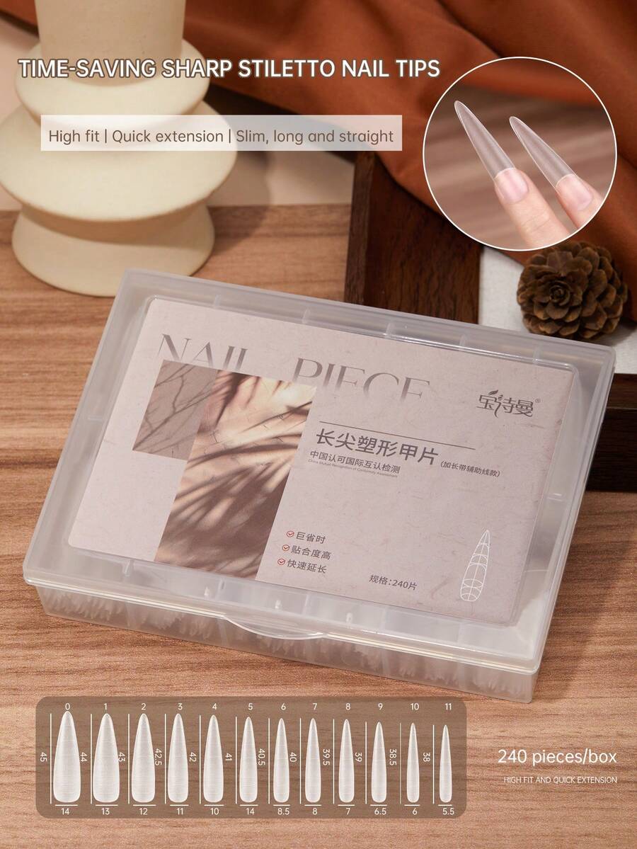 240/510pcs Extra Long Clear Pointed Nail Tips, Extra Long Straight Acrylic Fake Nails, Full Cover No C-Curve Nail Extension Tips, Suitable For Nail Salon Nail Art - Multicolor - View 1