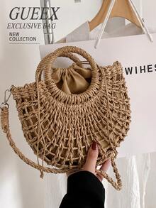 1pc Half-Moon Hollow Out Handbag, Fashionable Beach Vacation Straw Woven Bag,Vacation Bag For Summer, Perfect For Beach Vacation, Travel, Shopping, And Vacation Essentials, Eye-Catching Beach Bag Summer, Summer Straw Beach Bag For Women, Hottest Beach Bags For Women, Fashion Summer Vacation Bag, Beach Essentials Women Bags For Vacation & Holiday, Newest Holiday Bag ,Vacation Essentials , Beach Bag, Vacation, Woven Bag, Straw Bag - Màu Khaki - Xem 11