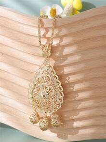 1 pieza Collar con colgante de gota de agua estilo palacio nupcial, colgante de aleación de doble capa, colgante de moda retro del palacio francés, joyería de dama marroquí con incrustaciones de rhinestone, adecuado para banquetes, bodas y festivales tradicionales - Dorado - Ver 7