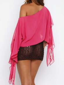 Women's Ruched Cape One Shoulder Poncho Double Layer Shrug See Through Flowy  Asymmetrical Neck Fitted Crop Top - Hot Pink - View 5