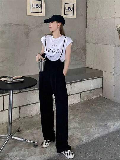 キャミオールインワン　ストレートロングパンツ　ワイドレッグサスペンダーオールインワン ロンパース　サロペット　ウェストゴム