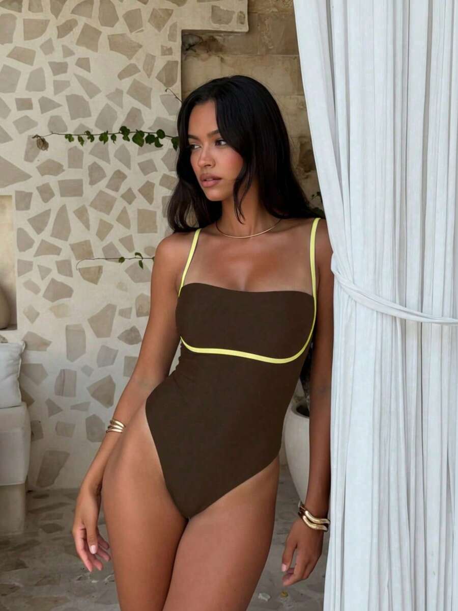 New Sexy Spaghetti Strap Jumpsuit Swimsuit, Elegant And Comfortable For Beach, Vacation, Party, Spring/Summer - Coffee Brown - View 1