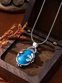 1件装 女士优雅复古绿松石吊坠项链，婚礼订婚派对珠宝礼物 - 銀色 - 查看 3