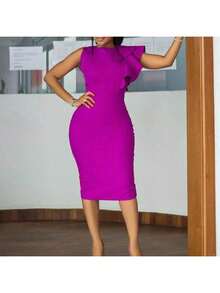 Women's Sleeveless Formal Midi Dress With Ruffles And Fitted Cut - 紫色 - 查看 4
