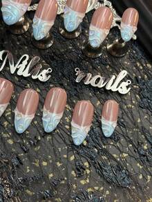 Bộ 10 móng giả thủ công phủ kín toàn bộ, hình móng hạnh nhân, màu xanh nhạt, nhuộm tie-dye xanh nhạt, vẽ tay các gợn sóng và giọt nước trong suốt 3D, phong cách mùa hè đơn giản và ngọt ngào, bộ dụng cụ làm móng nghệ thuật phong cách Y2K, vật liệu làm móng acrylic phù hợp cho phụ nữ và bé gái dùng trong các lễ hội, hàng ngày, tụ họp, tiệc tùng (bao gồm: một miếng keo dán và một miếng dán ma sát). - Màu xanh nhạt - Xem 6