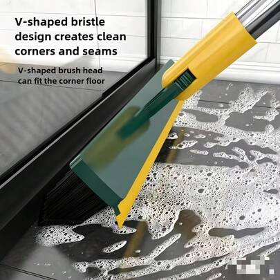 Bàn chải chà sàn xoay 180°, bàn chải vệ sinh bồn tắm và gạch có cán dài với lông bàn chải hình chữ V tác động kép và dụng cụ cạo, dụng cụ vệ sinh sàn nhà và phòng tắm đa chức năng.