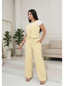 Conjunto Feminino Alfaiataria Colete e Calça Pantalona Elegante Casual Chic Moderno  Casual  elegante  Conservador / modesto  Festa    Tecido    Botões na frente  Cintura franzida    Conjunto Social Feminina  Escritório  Festa do chá de bebê  Formal e Noturno  Férias  Casa    verão, primavera e outono - Amarelo - Visão 3